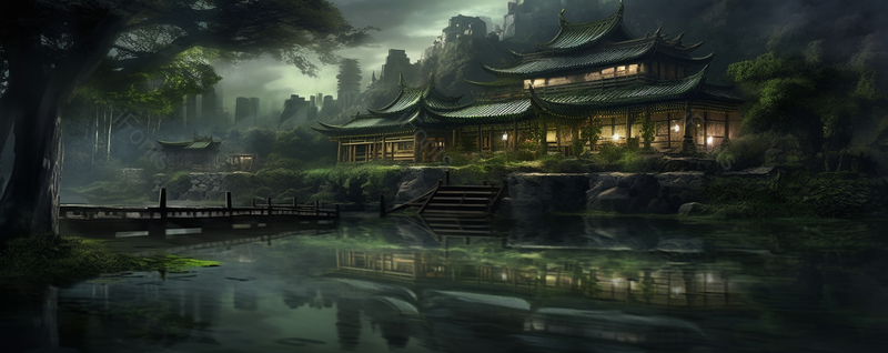 中国复古彩色水墨风景国画江南山中建筑风景,插画/手绘图,插画/手绘图库,插画/手绘图下载,插画/手绘